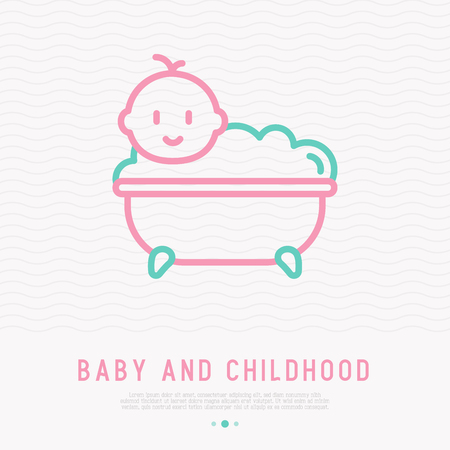 Funny baby in bathtub with bubbles thin line icon on  Modern vector illustration.のイラスト素材