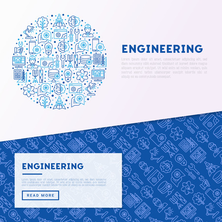 Engineering concept in circle with thin line icons: engineer, electronics, calculations, tools, repair, idea, it server. Modern vector illustration for web page, banner, print media.のイラスト素材