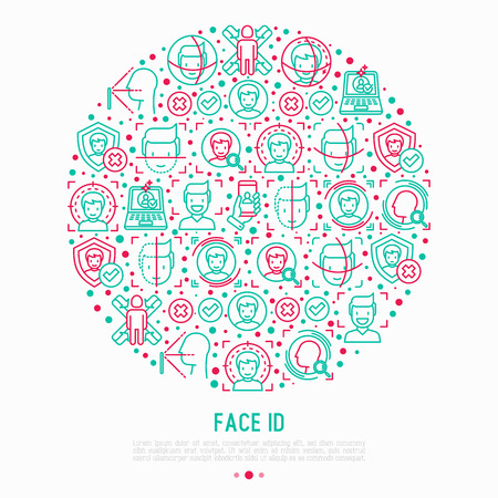 Face ID concept in circle with thin line icons: face recognition, scanning.のイラスト素材
