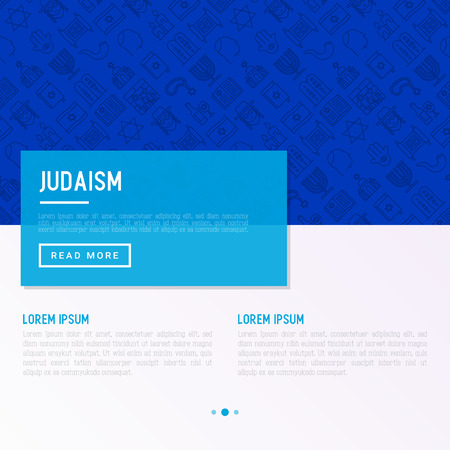 Judaism concept with thin line icons: Orthodox jew, star of David, sufganiyot, hamsa, candles, synagogue, skullcap, rosary, Western Wal, Tanakh. Modern vector illustration, template for web page.のイラスト素材
