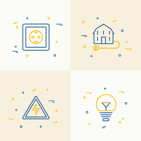 Electricity thin line icons set: bulb, cable, power socket, sign danger, house with plug. Vector illustration.のイラスト素材
