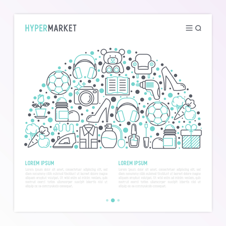 Hypermarket concept in half circle with thin line icons: apparel, sport equipment, electronics, perfumery, cosmetics, toys, food, appliances. Modern vector illustration for web page template.のイラスト素材