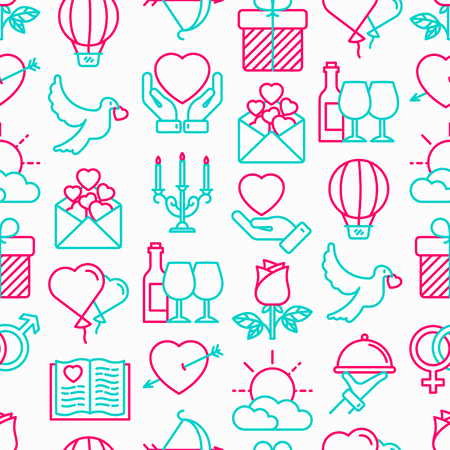 Romantic seamless pattern with thin line icons, related to dating, honeymoon, Valentine's day. Modern vector illustration.のイラスト素材