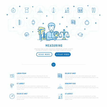 Measuring concept with thin line icons: stopwatch, weight scales, speedometer, smart watch, brass scales, thermometer. Modern vector illustration, web page template.のイラスト素材