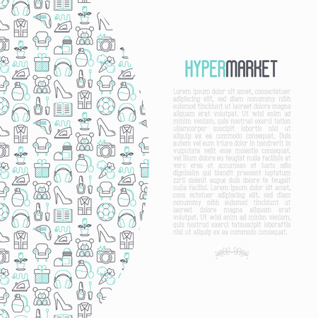 Hypermarket concept with thin line icons set: apparel, sport equipment, electronics, perfumery, cosmetics, toys, food, appliances. Modern vector illustration for print media, web page template.のイラスト素材