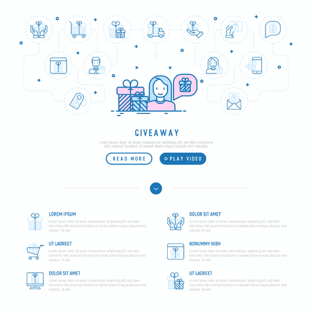 Giveaway concept: woman with gift and thin line icons around. Modern vector illustration and web page template.のイラスト素材