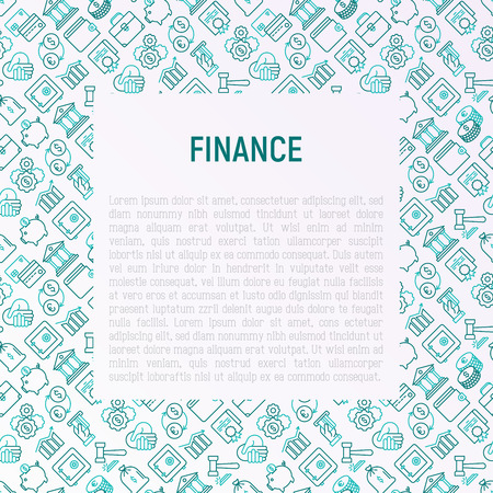 Finance concept with thin line icons: safe, credit card, piggy bank, wallet, currency exchange, hammer, agreement, handshake, atm slot. Modern vector illustration for banner, web page, print media.のイラスト素材