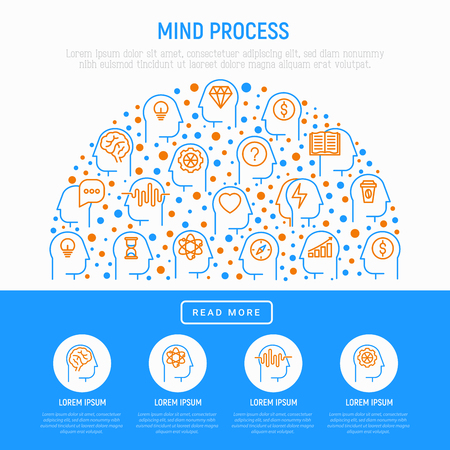 Mind process concept in half circle with thin line icons. Vector illustration and web page templateのイラスト素材