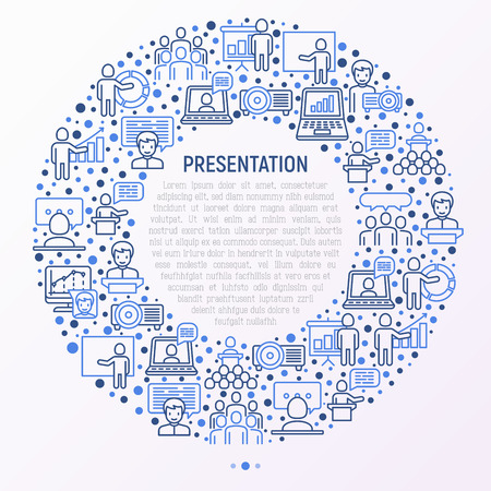 Presentation concept in circle with thin line icons: seminar, human at tribune, meeting, projector, audience, video call, conference, discussion. Modern vector illustration for print media, web page.のイラスト素材