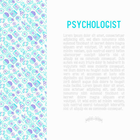 Psychologist concept with thin line icons: psychiatrist, disease history, armchair, pendulum, antidepressants, psychological support. Vector illustration for banner, web page, print media.のイラスト素材