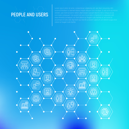 People and users concept in honeycombs with thin line icons. Modern vector illustration and web page template.のイラスト素材