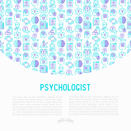 Psychologist concept with thin line icons: psychiatrist, disease history, armchair, pendulum, antidepressants, psychological support. Vector illustration for banner, web page, print media.のイラスト素材