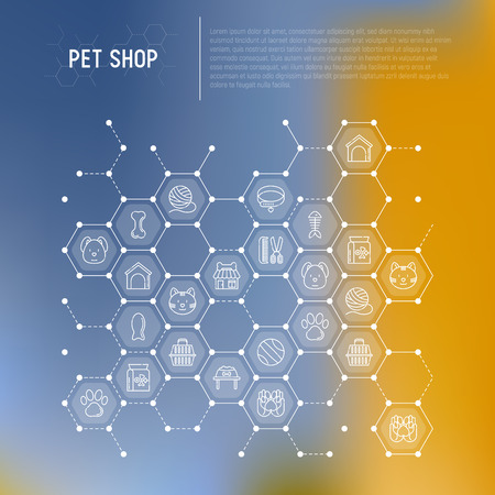 Pet shop concept in honeycombs with thin line icons: cat, dog, collar, kennel, grooming, food, toys. Modern vector illustration, web page template.のイラスト素材