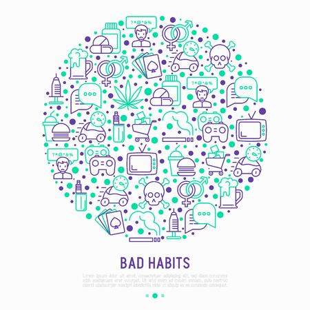 Bad habits concept in circle with thin line icons: abuse, alcoholism, cigarette, marijuana, drugs, fast food, poker, promiscuity, tv, video games. Modern vector iilustration for banner, print media.のイラスト素材