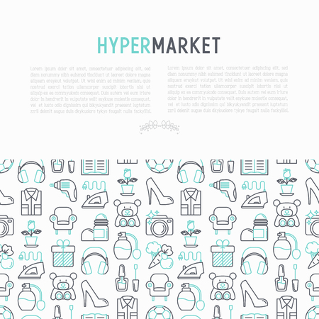 Hypermarket concept with thin line icons set: apparel, sport equipment, electronics, perfumery, cosmetics, toys, food, appliances. Modern vector illustration for print media, web page template.のイラスト素材