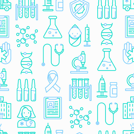 Vaccination seamless pattern with thin line icons. Vector illustration.のイラスト素材