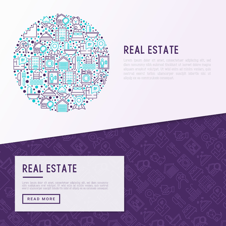 Rea estate concept in circle with thin line icons: apartment house, bedroom, keys, elevator, swimming pool, bathroom, facilities. Modern vector illustration for web page, print media.のイラスト素材