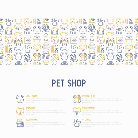 Pet shop concept with thin line icons: cat, dog, collar, kennel, grooming, food, toys. Modern vector illustration, web page template.のイラスト素材