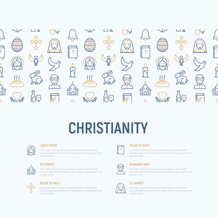 Christianity concept with thin line icons of priest, church, nun, crucifixion, Jesus, bible, dove. Vector illustration, web page template.のイラスト素材