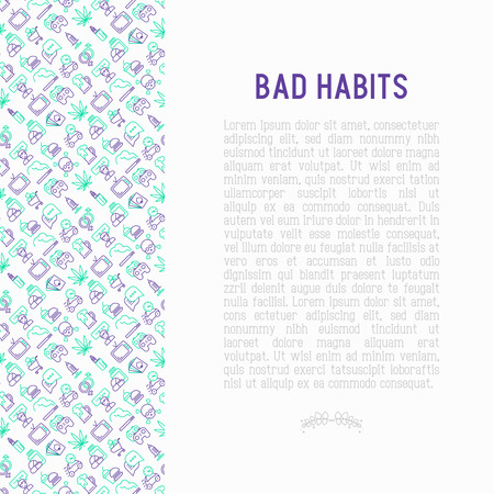 Bad habits concept with thin line icons set: abuse, alcoholism, cigarette, marijuana, drugs, fast food, poker, promiscuity, tv, video games. Modern vector illustration for banner, print media.のイラスト素材