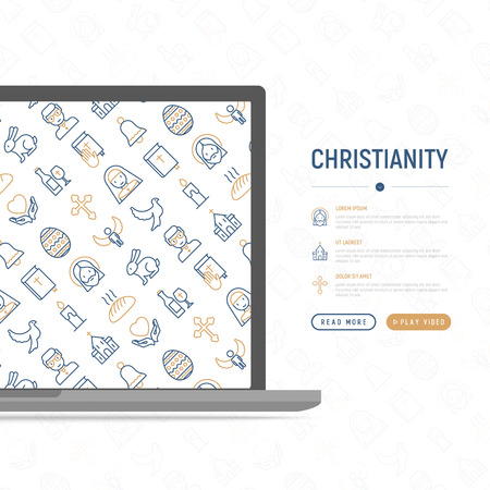 Christianity concept with thin line icons of priest, church, nun, crucifixion, Jesus, bible, dove. Vector illustration, web page template.のイラスト素材