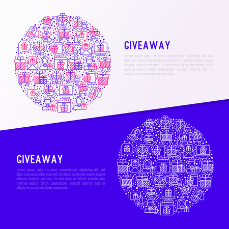 GIveaway or gifts concept in circle with thin line icons set: present in hand, trolley, cart, truck, envelope. Modern vector illustration, web page template.のイラスト素材