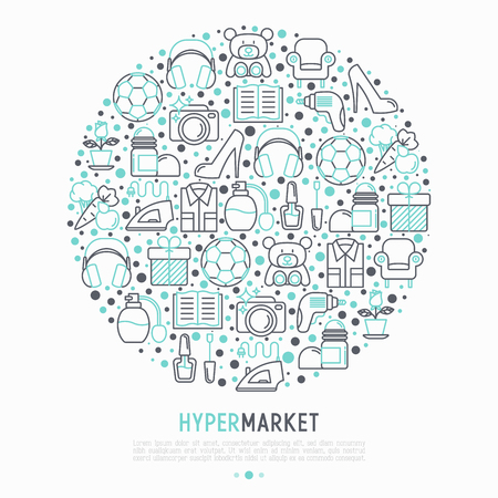 Hypermarket concept in circle with thin line icons set: apparel, sport equipment, electronics, perfumery, cosmetics, toys, food, appliances. Modern vector illustration for print media.のイラスト素材