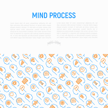 Mind process concept with thin line icons: intelligence, passion, conflict, innovation, time management, exploration, education, logical thinking. Modern vector illustration for web page, print media.のイラスト素材