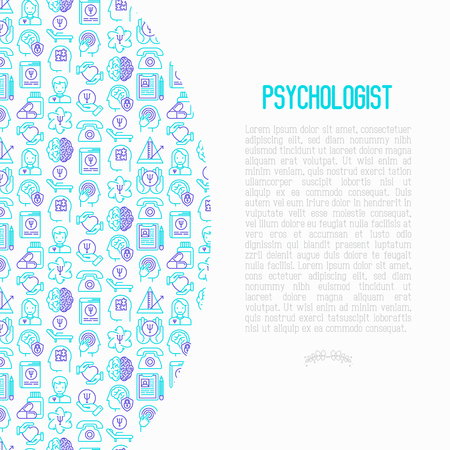 Psychologist concept with thin line icons: psychiatrist, disease history, armchair, pendulum, antidepressants, psychological support. Vector illustration for banner, web page, print media.のイラスト素材