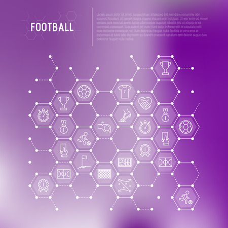 Football concept in. honeycombs with thin line icons: player, whistle, soccer, goal, strategy, stopwatch, football boots, score. Vector illustration for banner, print media, web page.のイラスト素材