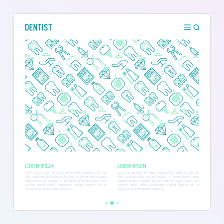 Dentist concept with thin line icons of tooth, implant, dental floss, crown, toothpaste and medical equipment. Modern vector illustration for banner, web page and print media.のイラスト素材