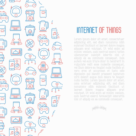 Internet of things concept with thin line icons: laptop, smart watch, cloud computing technology, kettle, speaker, smart car, robot vacuum. Vector illustration for banner, web page, print media.のイラスト素材