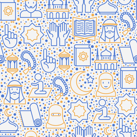Islamic seamless pattern with thin line icons: mosque, carpet, rosary, prayer, koran, moslem. Modern vector illustration for background.のイラスト素材