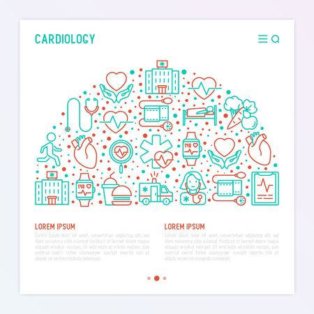 Cardiology concept in half circle with thin line icons set: cardiologist, stethoscope, hospital, pulsometer, cardiogram, heartbeat. Modern vector illustration for banner, web page, print media.のイラスト素材