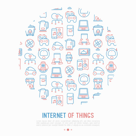 Internet of things concept in circle with thin line icons: laptop, smart watch, cloud computing technology, kettle, speaker, smart car, robot vacuum. Vector illustration for web page, print media.のイラスト素材
