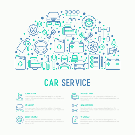 Car service concept in half circle with thin line icons of mechanic, computer diagnostics, tools, wheel, battery, transmission, jack. Modern vector illustration for banner, web page, print media.のイラスト素材