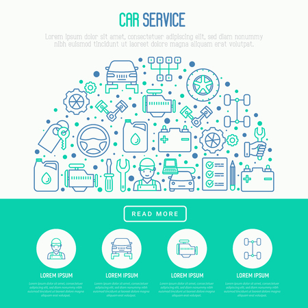 Car service concept in half circle with thin line icons of mechanic, computer diagnostics, tools, wheel, battery, transmission, jack. Modern vector illustration for banner, web page, print media.のイラスト素材