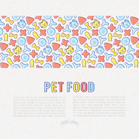 Pet food concept with thin line icons of dry food in different shapes and cute dog and cat. Modern vector illustration. のイラスト素材