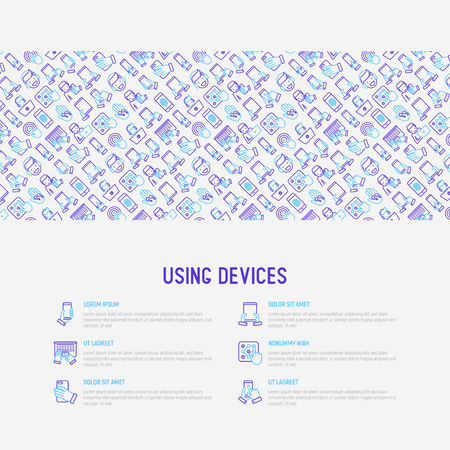 Using devices concept with thin line icons: gadget, tablet in hands, touchscreen, fingerprint, laptop, wireless headphones. Modern vector illustration for banner, web page, print media.のイラスト素材
