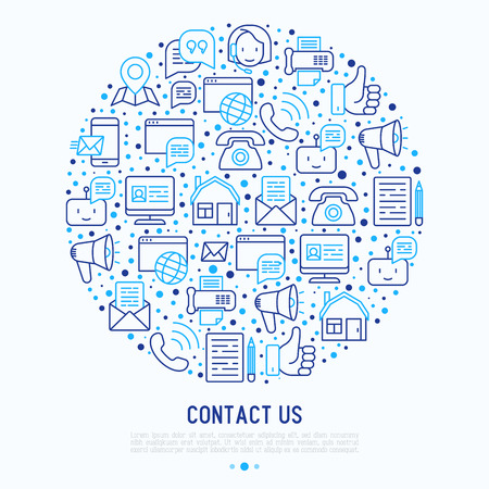 Contact us concept in circle with thin line icons of telephone, fax, operator call center, e-mail, chat bot, pointer, feedback. Modern vector illustration for banner, web page, print media.のイラスト素材