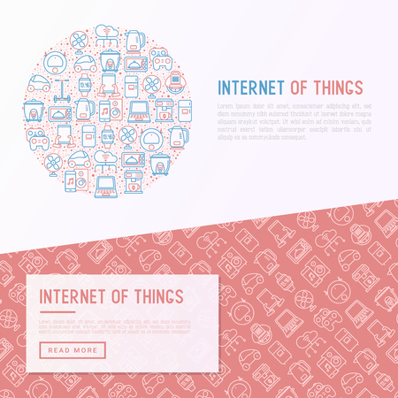 Internet of things concept in circle with thin line icons: laptop, smart watch, cloud computing technology, kettle, speaker, smart car, robot vacuum. Vector illustration for banner, web pageのイラスト素材