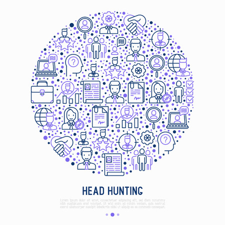 Head hunting concept in circle with thin line icons: employee, hr manager, focus, resume; briefcase; achievements; career growth, interview. Vector illustration for banner, web page, print media.のイラスト素材