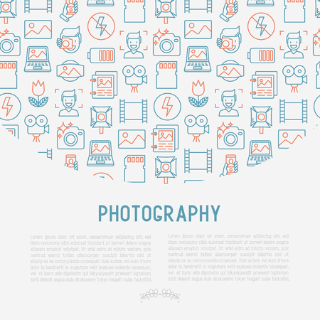 Photography concept with thin line icons of photographer, film, crop, flash, focus, light, panorama. Vector illustration for banner, web page, print media.のイラスト素材