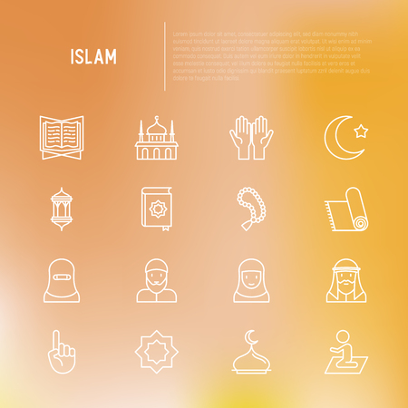 Islam thin line icons set: mosque, carpet, rosary, prayer, koran, moslem. Modern vector illustration.のイラスト素材