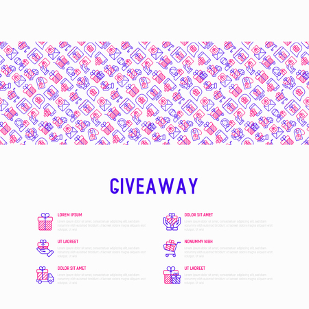 GIveaway or gifts concept with thin line icons set: present in hand, trolley, cart, truck, envelope. Modern vector illustration, web page template.のイラスト素材