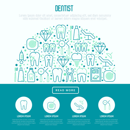 Dentist concept in half circle with thin line icons of tooth, implant, dental floss, crown, toothpaste, medical equipment. Modern vector illustration for banner, web page, print media.のイラスト素材