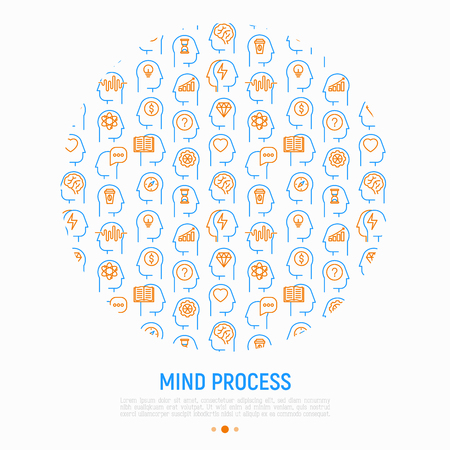 Mind process concept in circle with thin line icons set: intelligence, passion, conflict, innovation, time management, exploration, education, logical thinking. Modern vector illustration.のイラスト素材