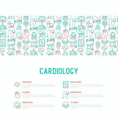 Cardiology concept with thin line icons set: cardiologist, stethoscope, hospital, pulsometer, cardiogram, heartbeat. Modern vector illustration for banner, web page, print media.のイラスト素材