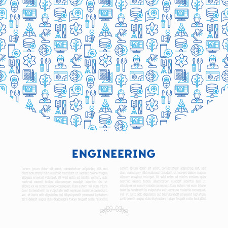 Engineering concept with thin line icons: engineer, electronics, calculations, tools, repair, idea, it server. Modern vector illustration for web page, banner, print media.のイラスト素材