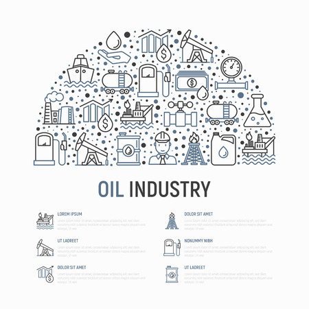 Oil industry concept in half circle with thin line icons.のイラスト素材